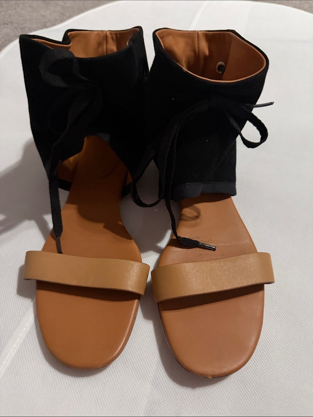 See By Chloe Black Ankle-Lace Sandals with Tan Footbed Size 39/8.5